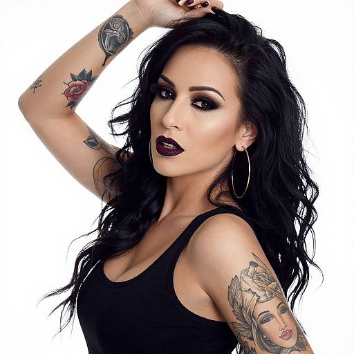 Photograph of a tattooed woman with long black hair, dark lipstick, hoop earrings, black tank top, raising her arm against a white background.