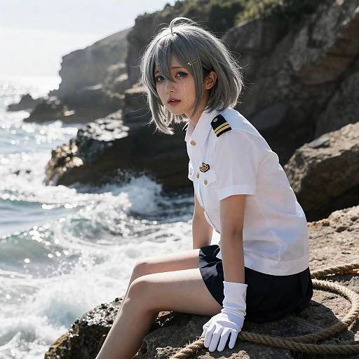 Wistful Girl in Admiral Uniform by Coastal Cliffs