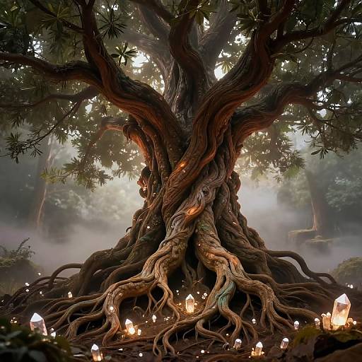 A fantastical CGI image of a twisted, ancient tree with gnarled roots, glowing crystals, and misty forest background.