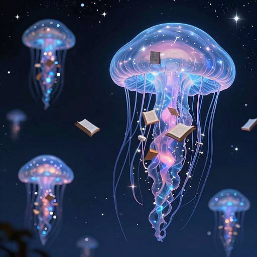 Digital illustration of glowing jellyfish with floating books, stars, and sparkles against a dark, starry ocean background.