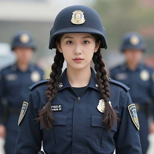 Photograph of a young Asian woman with long black braids, wearing a blue police uniform and helmet, with two blurred officers in the background.