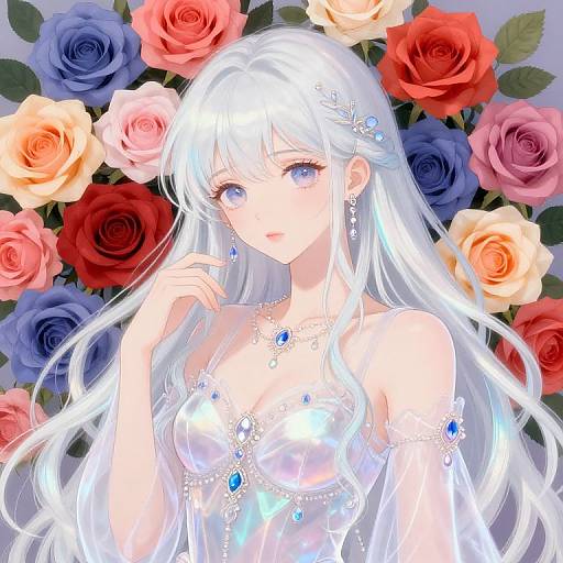 Digital anime-style drawing of a beautiful, white-haired woman with blue eyes, wearing a sparkling, sheer white dress adorned with blue gems, surrounded by vibrant