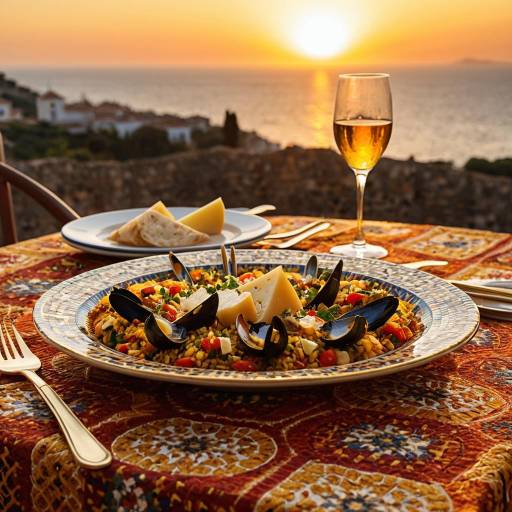 Mediterranean Paella with Manchego Cheese at Sunset