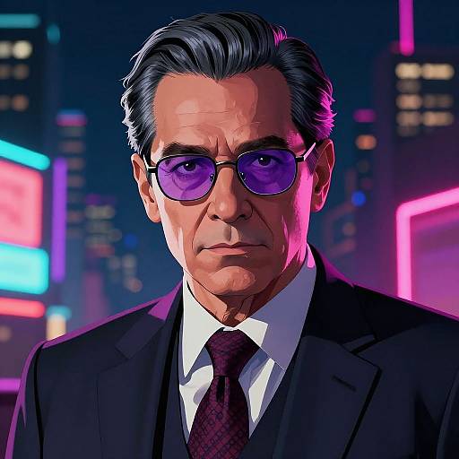 Digital artwork of an older man with gray hair, purple-tinted sunglasses, black suit, white shirt, and maroon tie, set against a