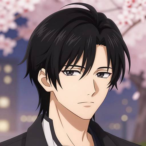 Anime-style digital portrait of a serious young man with black hair, blue eyes, and fair skin, set against a blurred cherry blossom background.