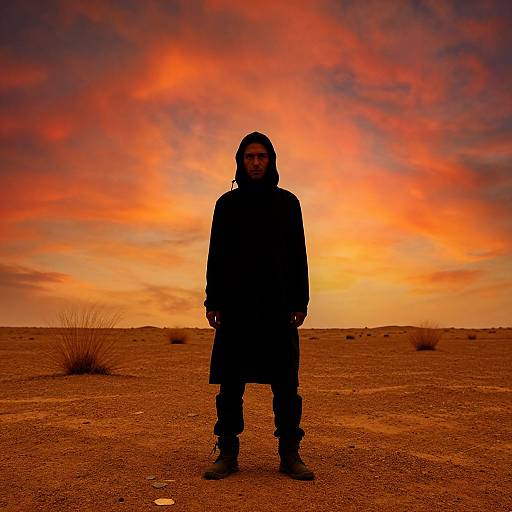 Silhouetted man with long hair stands in desert at sunset, wearing dark coat and boots, against vibrant orange and red sky. Photograph.