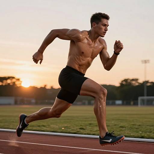 Muscular Athlete Sprinting at Sunset