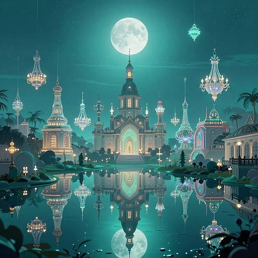 Digital artwork of a luminous, moonlit city with ornate, glowing chandeliers, a reflective lake, and a grand cathedral at center,