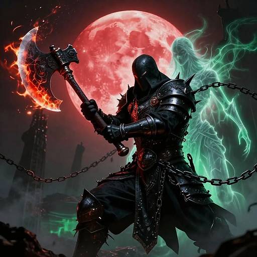 Dark armored warrior with flaming axe, black hood, and ghostly green wings, standing before a glowing red moon, chains in background. Digital fantasy artwork