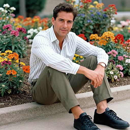 Photograph of a young, handsome man with short brown hair, wearing a white striped shirt, olive pants, and black sneakers, seated on a concrete
