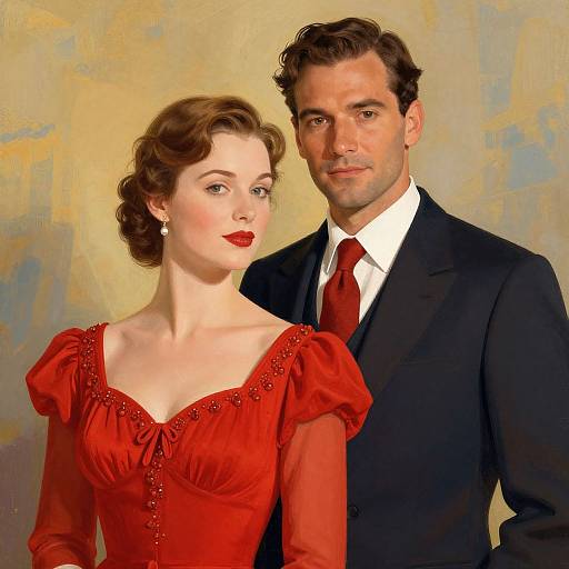 Digital painting of a fair-skinned woman with red dress and red lipstick, standing beside a dark-haired man in a black suit.