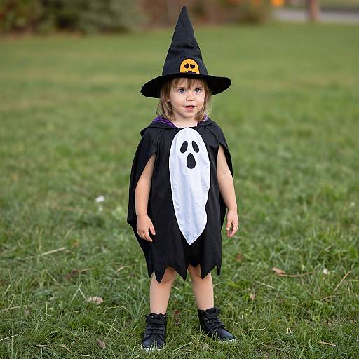 Photograph of a young child in a black witch costume with a white ghost front, black hat with jack-o'-lantern, standing on grass.