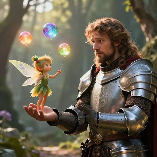 Photorealistic CGI of a bearded knight in shiny armor holding a tiny fairy with green dress and glowing balloons, in a sunlit forest.