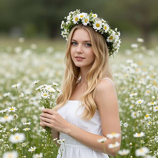 Photograph of a blonde woman with wavy hair, wearing a white dress and daisy crown, holding daisies in a sunlit meadow