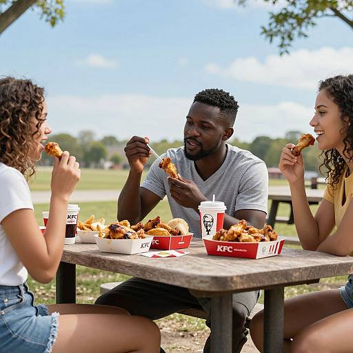 Photograph of three diverse friends, two women and one Black man, eating Chick-fil-A chicken nuggets outdoors at a picnic table.