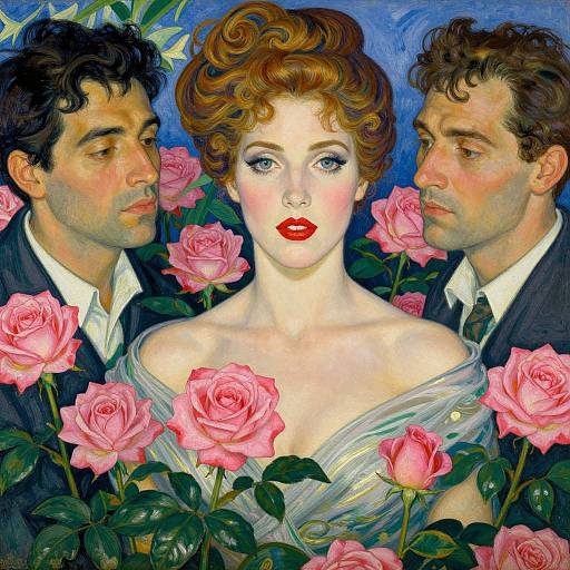 Vibrant painting of a red-haired woman with red lips, surrounded by pink roses, flanked by two men in suits. Blue background. Art