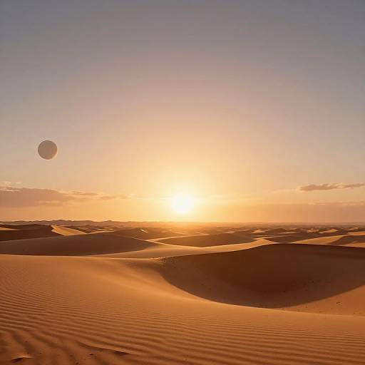 Photograph of a desert sunset with golden-orange sand dunes, rippled textures, and a bright sun low on the horizon. A small, round