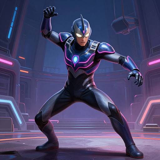 CGI image of a futuristic, muscular superhero in a black, neon-accented suit, glowing blue and pink lights, striking a powerful stance in
