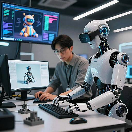 Photograph of an Asian man with glasses working at a desk with a white robot, two computer monitors, and a small toy robot on the screen.