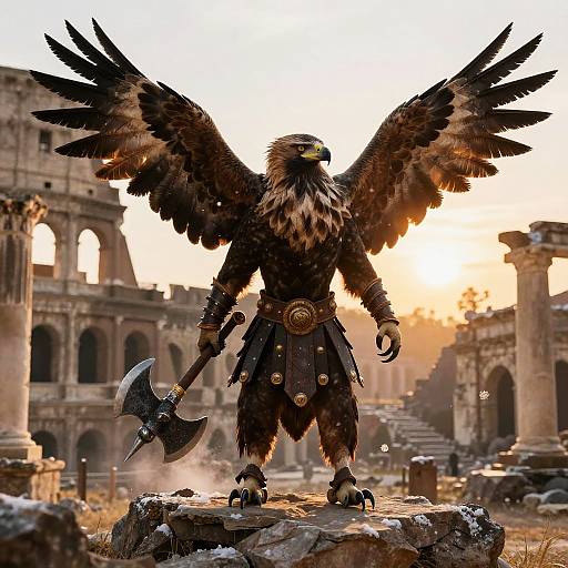 Digital artwork of a majestic, armored eagle warrior with spread wings, holding an axe, standing on a rock in a sunlit, ruined Roman temple background