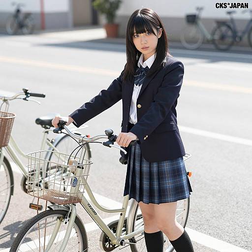 Stylish Asian Woman with Bicycle in Sunlight