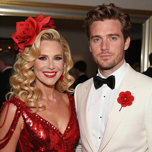 Elegant Couple in Red and White Formal Attire