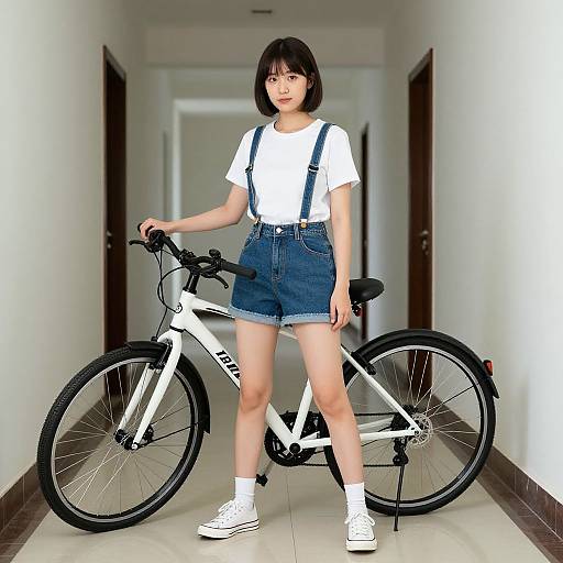 Photograph of an Asian woman with black bob haircut, wearing white T-shirt, blue denim shorts, white socks, and white sneakers, standing in a