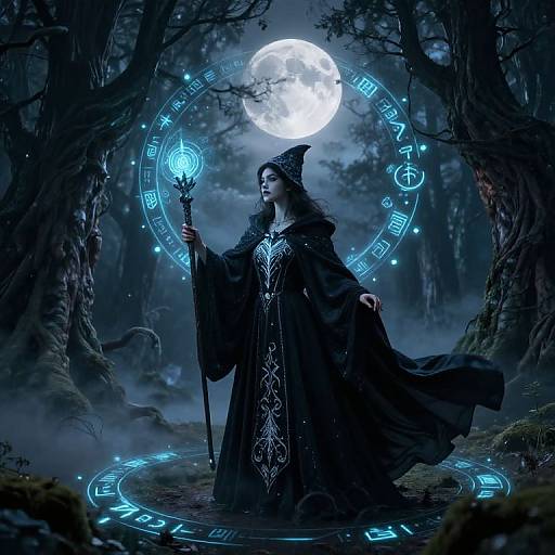 Digital fantasy art: Dark wizard with long black hair, pointed hat, intricate robe, holding glowing staff, stands under moonlight in mystical forest, surrounded