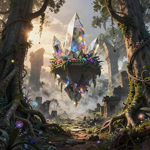 Floating Crystal Prism Over Ancient Ruins