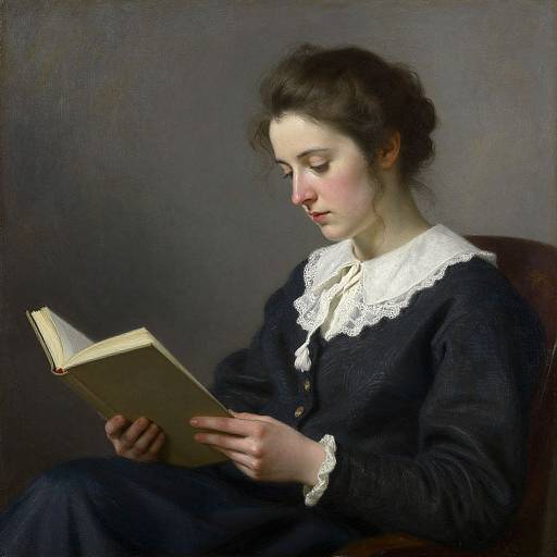 Classical painting of a fair-skinned woman with dark hair, wearing a black dress with white lace collar, reading a book against a dark background.