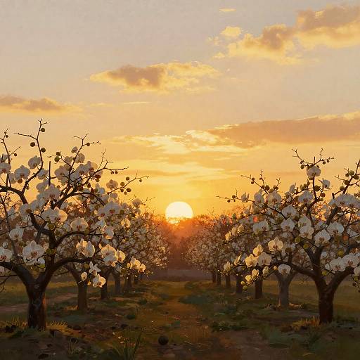 Golden Sunset Orchard Scene