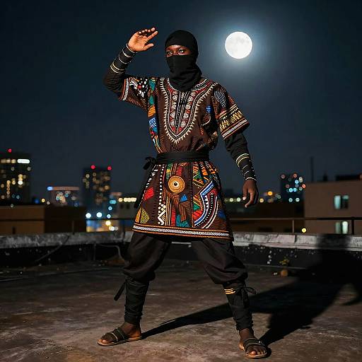African Ninja Rooftop Night Scene