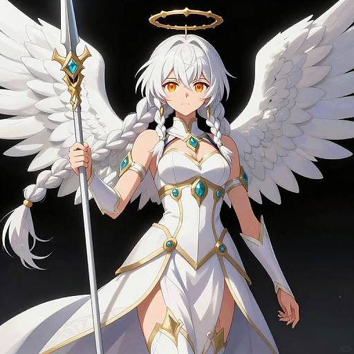 Digital anime-style illustration of a white-haired, orange-eyed angelic woman with large white wings, holding a spear, wearing a white and gold dress with