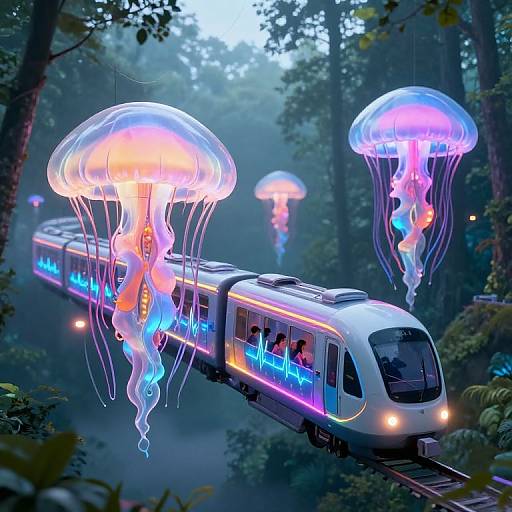 Cyberpunk Jellyfish Trains Over Forest