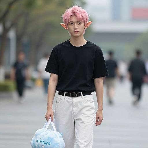 Photograph of a young person with pink hair, elf ears, black shirt, white pants, holding a plastic bag, walking on a blurred urban street
