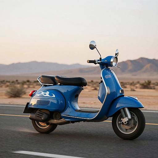 Photograph of a blue vintage Vespa scooter traveling on a desert road with distant mountains under a clear sky.