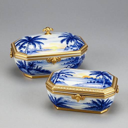 Photograph of two blue and white porcelain octagonal trinket boxes with golden lids and palm tree designs, placed on a gray gradient background.