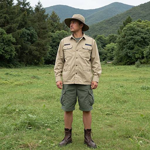 Photograph of a young man in a beige military-style jacket, green shorts, brown boots, and a wide-brimmed hat, standing in a