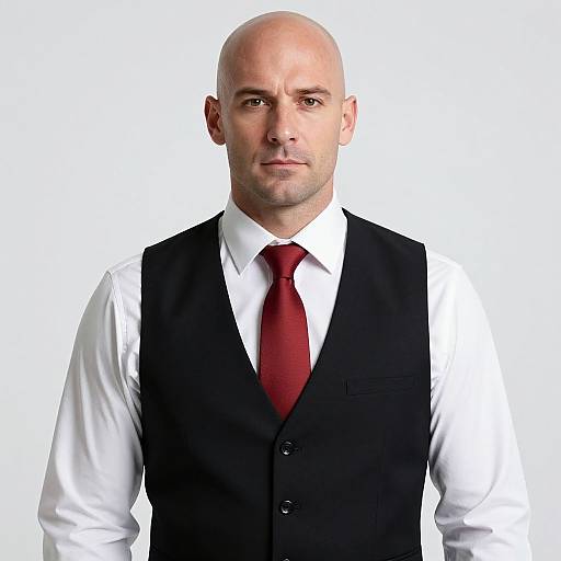 Photograph of a bald, fair-skinned man in a white shirt, black vest, and red tie, looking serious against a white background.