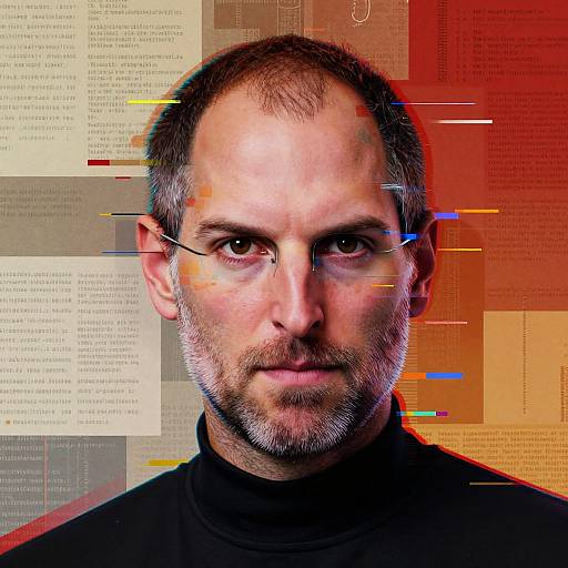 Photograph of a serious, middle-aged man with short brown hair, stubble, and brown eyes, set against a digital, colorful, text-filled