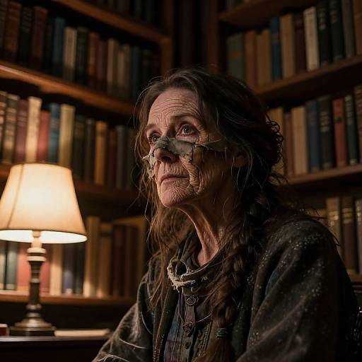 Photograph of an elderly woman with long brown hair, wearing glasses and a dark, textured robe, sitting in a dimly lit library with a warm