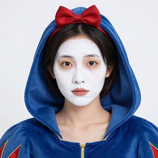 Photograph of an East Asian person with white face paint, wearing a blue Snow White hoodie with red bow, white background.