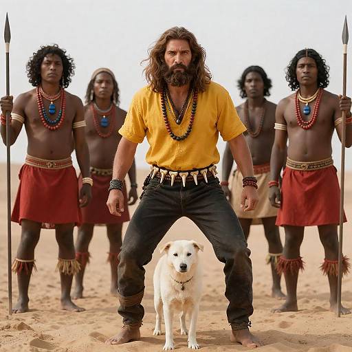 Bearded Man Among Tribal Warriors in Desert