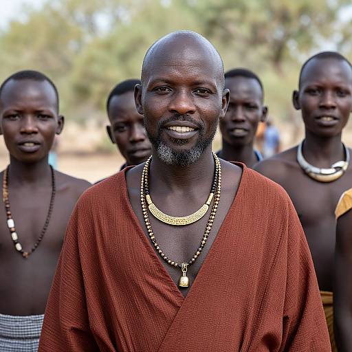 Photograph of an African man with dark skin, bald head, and goatee, wearing a red cloth and gold necklaces, standing in front of