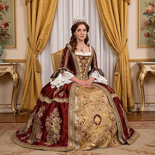 Photograph of a woman in an ornate, gold and burgundy Renaissance-style gown, seated on a gold throne, wearing a silver tiara,