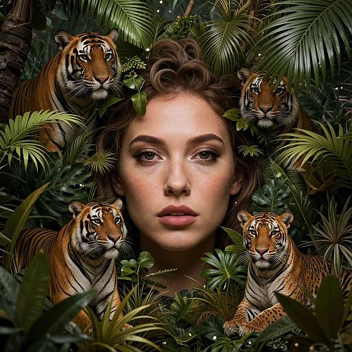 Photograph-style digital artwork of a pale-skinned woman with curled brown hair, surrounded by four realistic, detailed tigers amidst lush green foliage.