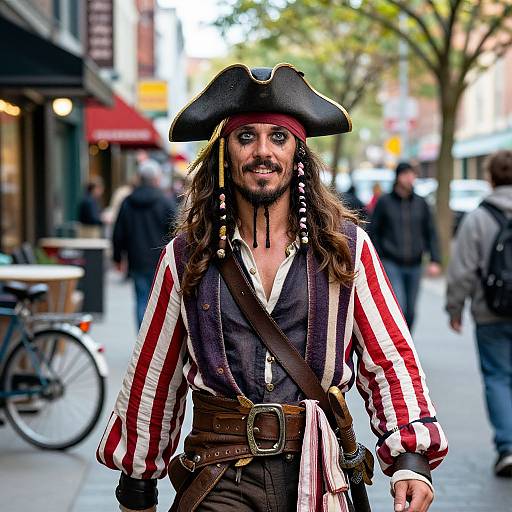 Photograph of a long-haired, bearded man in a pirate costume with striped shirt, black vest, and hat, walking on a busy urban street