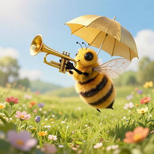 Whimsical CGI image of a fuzzy, bee-like creature with translucent wings playing a golden trumpet under a yellow umbrella, floating over a vibrant, flower