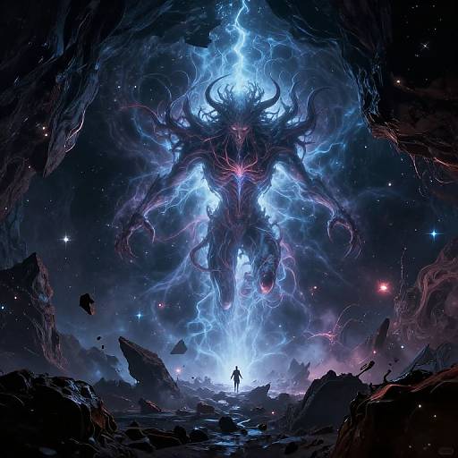 Digital fantasy artwork: Silhouetted figure faces towering, blue-lit, horned monster with glowing red eyes and electric tendrils in a star