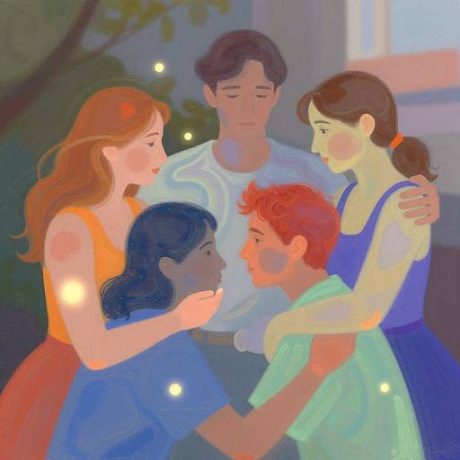 Illustration of a close-knit family group with glowing lights, featuring four individuals in colorful clothing, hugging tenderly in a softly lit, blurred